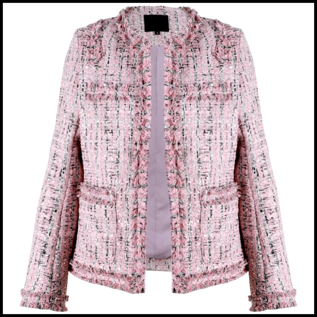 Collarless Plaid Tweed Blazer Open Front Fringed Glitter Jacket Slim Fit